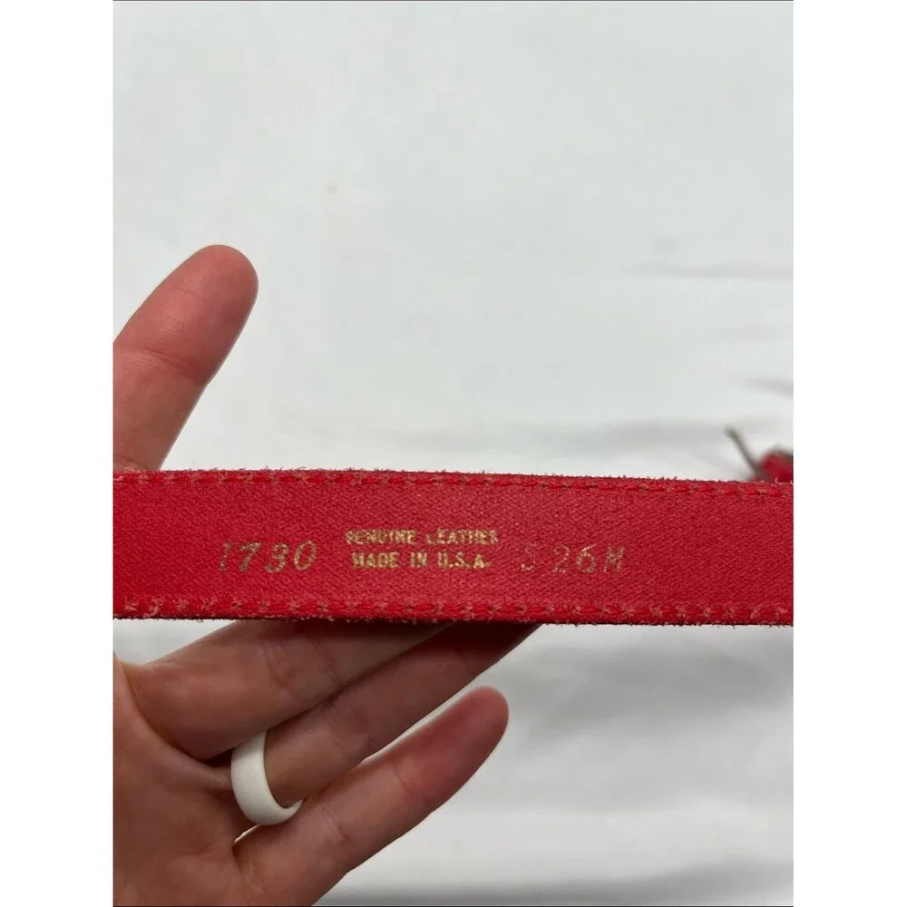 Red Genuine Leather Skinny Belt with Silver Toned Metal Buckle